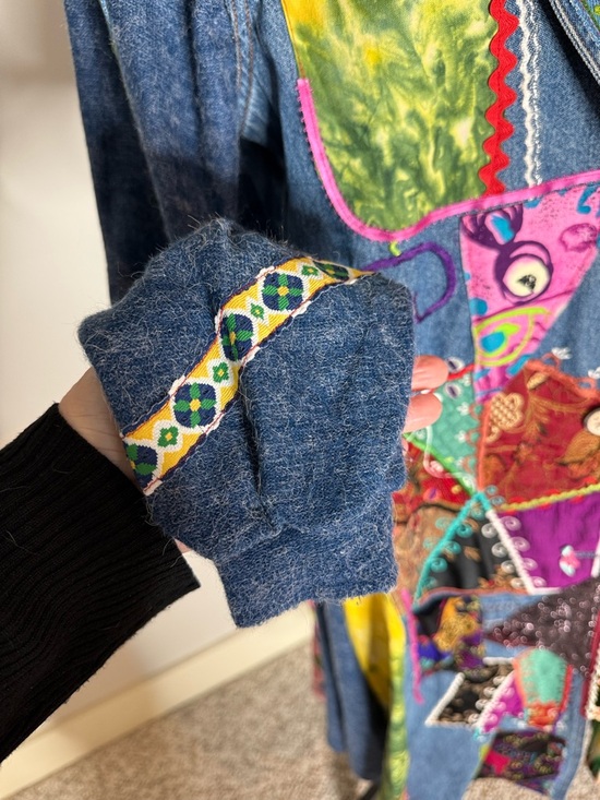 AMBER STUDIOS One Of A Kind Denim Jean Maxi Coat Duster Art To Wear Boho Large - Picture 7 of 16